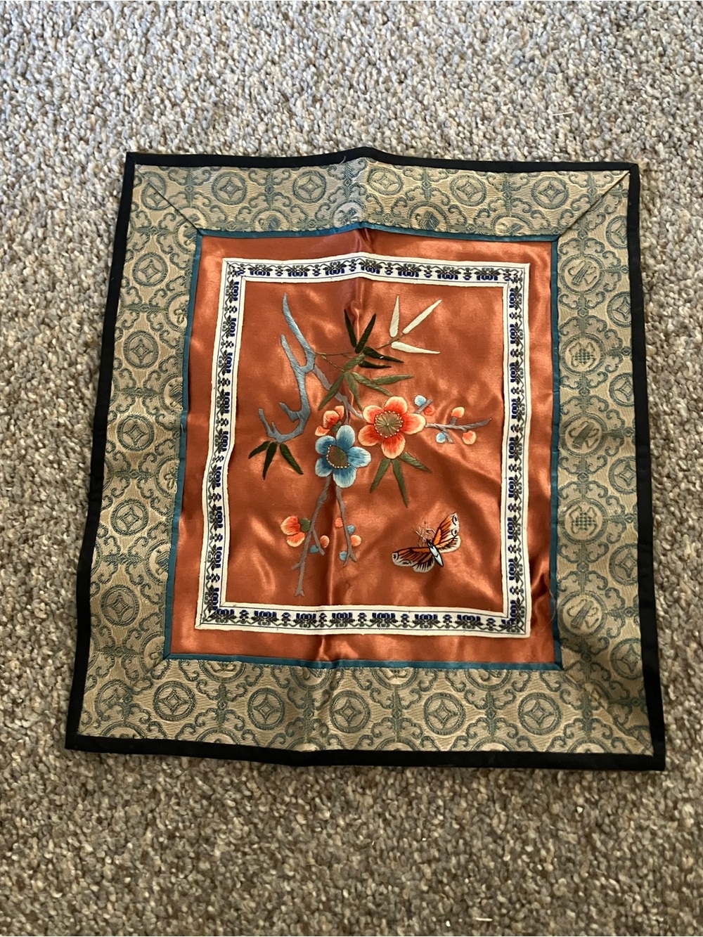 Vintage Chinese Hand Embroidered Silk Panel Butterfly & Flowers